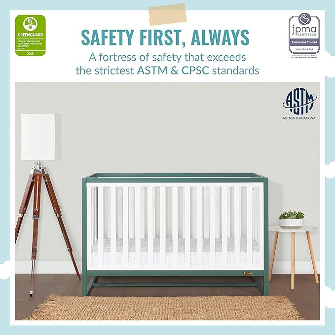 Arlo 5-in-1 Convertible Crib in Jungle Green, JPMA Certified, 3 Mattress Height Settings, Non-Toxic Finish, Made of Sustainable and Sturdy Pinewood
