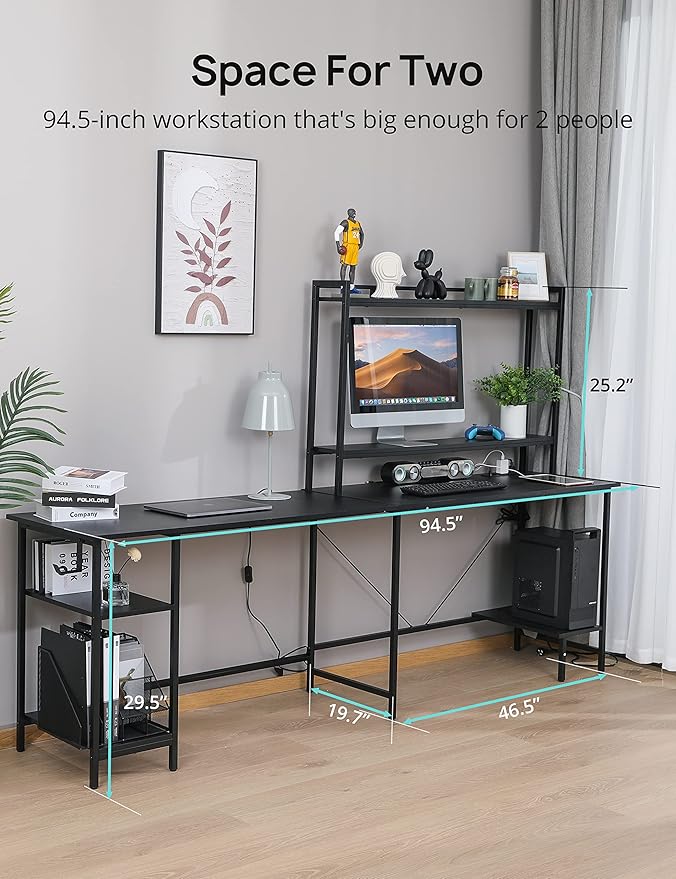 Evajoy L Shaped Computer Desk with Power Outlets and USB Ports, Reversible L-Shaped Corner Gaming Desk with Storage Shelves, 94.5’’ Industrial 2 Person Home Office Desk with Monitor Stand for Home