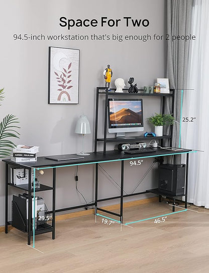 Evajoy L Shaped Computer Desk with Power Outlets and USB Ports, Reversible L-Shaped Corner Gaming Desk with Storage Shelves, 94.5’’ Industrial 2 Person Home Office Desk with Monitor Stand for Home