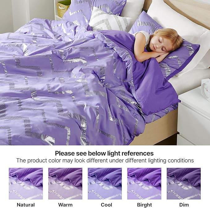 Codi Twin XL Bedding Set - Cute Purple Bed Set, Metallc Print Comforter - 3 Piece Sets for Girls, includes 1 Comforter, 1 Decorative Pillow, and 1 Pillow Case - All Season, Lightweight and Warm