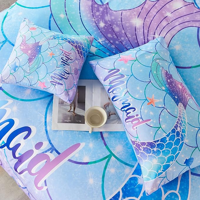 RYNGHIPY 6Pcs Mermaid Tail Comforter Set for Kids Girls, Mermaid Fish Scale Bed in a Bag Queen Size, Sparkle Teal Purple Rainbow Bedroom Decor Bedding Set