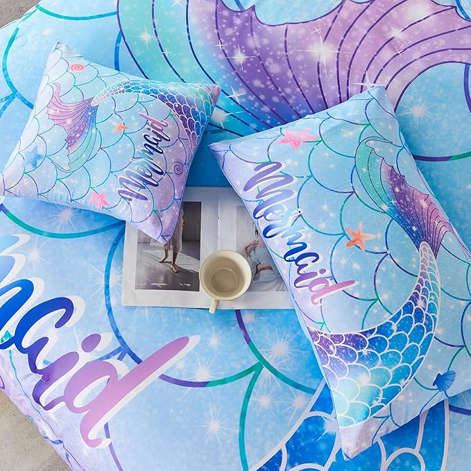 RYNGHIPY 6Pcs Mermaid Tail Comforter Set for Teens Girls Women, Mermaid Fish Scale Bed in a Bag Full Size, Sparkle Teal Purple Rainbow Bedroom Decor Bedding Set