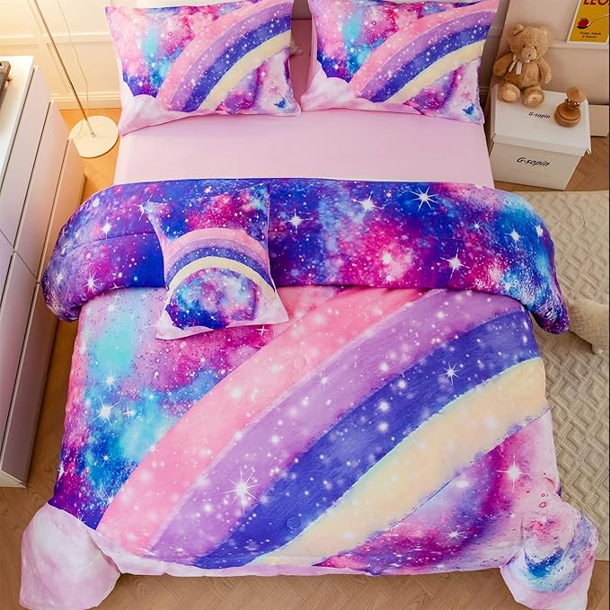 6Pcs Teen Pink Bedding Set Full for Girls, 3D Tie Dye Comforter Pink Colorful Rainbow Kids Comforter Set, Ultra Soft Pastle Nebula Printed Bed in A Bag with Sheets