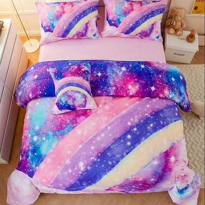 6Pcs Teen Pink Bedding Set Full for Girls, 3D Tie Dye Comforter Pink Colorful Rainbow Kids Comforter Set, Ultra Soft Pastle Nebula Printed Bed in A Bag with Sheets