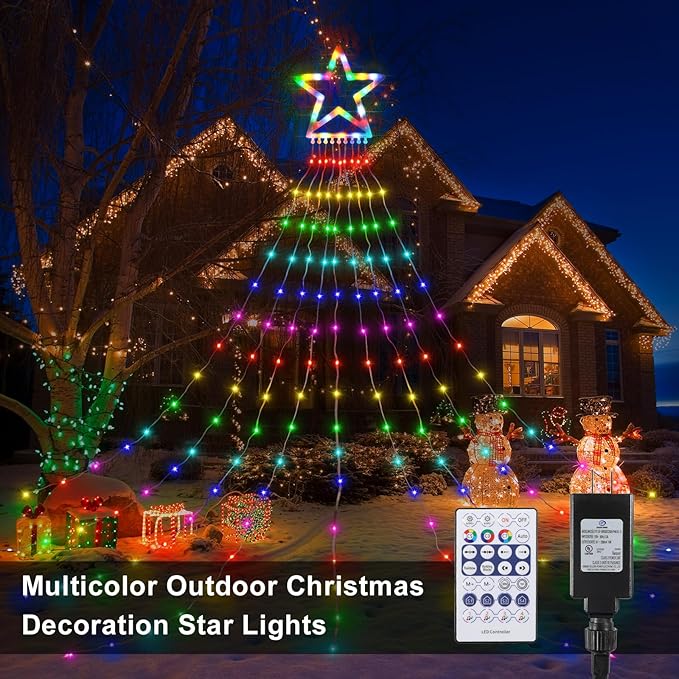 PUHONG Christmas Decoration Star Flowing Multicolor Color Changing Lights Outdoor, 320 LED 16.4Ft Star Waterfall Tree Lights with 8 Lighting Modes Remote Timer, for Xmas New Year Holiday Birthday