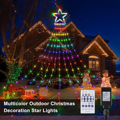 PUHONG Christmas Decoration Star Flowing Multicolor Color Changing Lights Outdoor, 320 LED 16.4Ft Star Waterfall Tree Lights with 8 Lighting Modes Remote Timer, for Xmas New Year Holiday Birthday