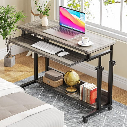 Tribesigns Portable Desk for Sofa and Bed, Height Adjustable Mobile Laptop Table Small Standing Desk Rolling Computer Cart with Keyboard Tray on Wheels for Home Office (Grey)