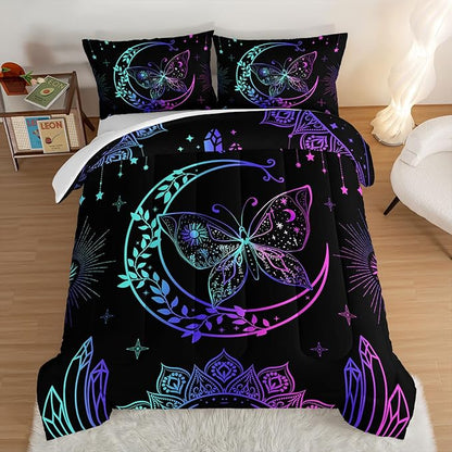 HOSIMA Butterfly Comforter Set 3Piece with 2 Pillowcases,Black Comforter Butterfly Aesthetics Room Decor,Boho Mandala Comforter Butterfly Bedding Set for Girls,Bohemian Queen Comforter Set.