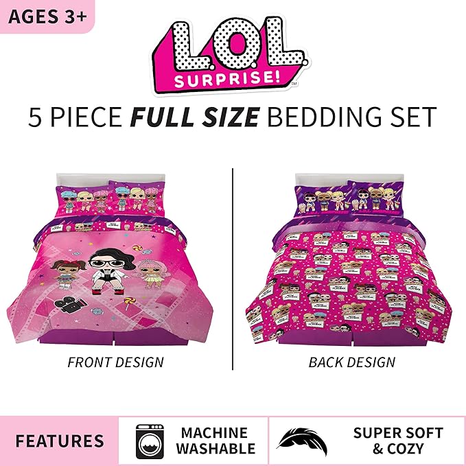 Franco Kids Bedding Super Soft Comforter and Sheet Set, 5 Piece Full Size, LOL Surprise