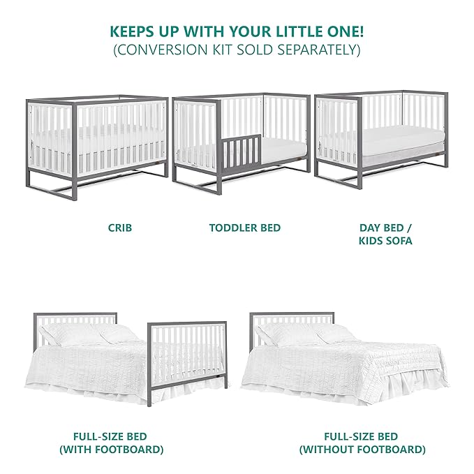 Arlo 5-in-1 Convertible Crib in Steel Grey and White, JPMA Certified, 3 Mattress Height Settings, Non-Toxic Finish, Made of Sustainable and Sturdy Pinewood