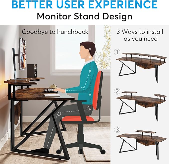 70.9" Large Computer Desk Home Office Desk Wing-Shaped Gaming Studio Desk, Rustic Brown