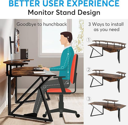 70.9" Large Computer Desk Home Office Desk Wing-Shaped Gaming Studio Desk, Rustic Brown