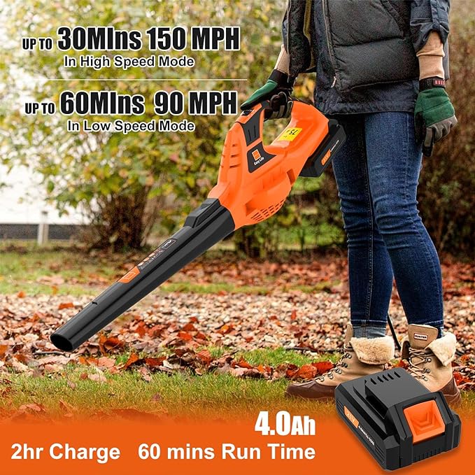 Leaf Blower Cordless,21V Handheld Electric Leaf Blower with 4.0Ah Battery and Charger, 2 Speed Mode, Lightweight Battery Powered Leaf Blower for Lawn Care, Patio, Yard, Sidewalk (Orange)