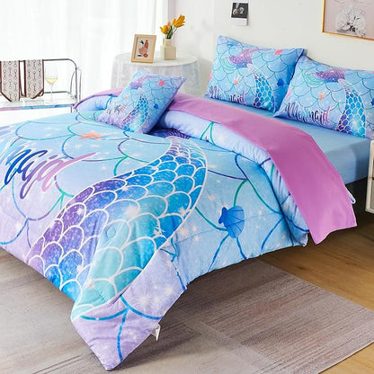 URBONUR 6Pcs Twin Comforter Set for Girls Pastel Purple Blue Mermaid Printed Bedding Set for Girls Bedroom, Soft All Season Bed in a Bag Comforter with Sheet Set, Twin Size