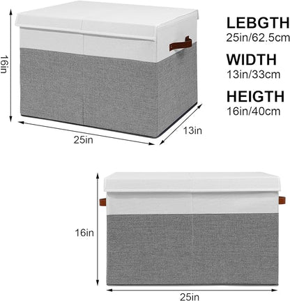 Large Toy Storage Box with Lid, Sturdy Toys Storage Chest Bin Organizer Basket with Dividers for Kids, Boys, Girls, Nursery, Closet, Bedroom, Playroom 25"x13" x16" (Grey and White)