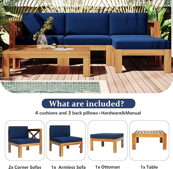 5-Piece Outdoor Patio Furniture Sectional Sets, Wooden L-shaped Corner Sofa Seating with Tea Table and Removable, Backyard Gardern Deck, Natural Finish+ Blue Cushions