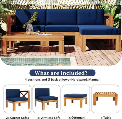 5-Piece Outdoor Patio Furniture Sectional Sets, Wooden L-shaped Corner Sofa Seating with Tea Table and Removable, Backyard Gardern Deck, Natural Finish+ Blue Cushions