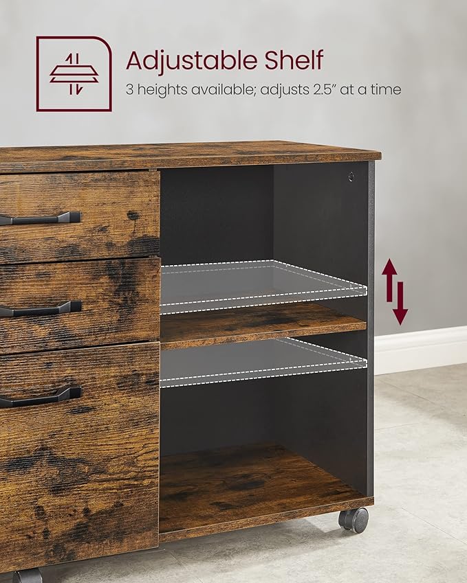 VASAGLE Lateral File Cabinet, Home Office Printer Stand, with 3 Drawers and Open Storage Shelves, for A4, Letter-Size Documents, Rustic Brown + Black