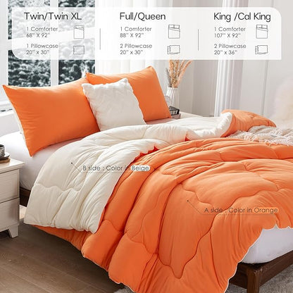 COTTEBED Warm Reversible Ultra-Soft Burnt Orange and Beige Comforter Set Queen, Breathable Fluffy Bedding Down Comforters Sets &2 Pillowshams for Women Girls Winter, Full/Queen Size Bed
