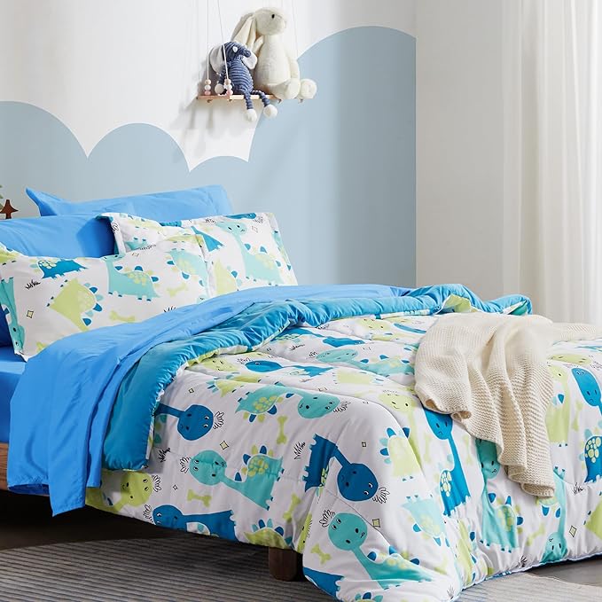 SLEEP ZONE Kids Twin Bedding Comforter Set - Super Cute & Soft Kids Bedding 5 Pieces Set with Comforter, Sheet, Pillowcase & Sham (Cute Dino)