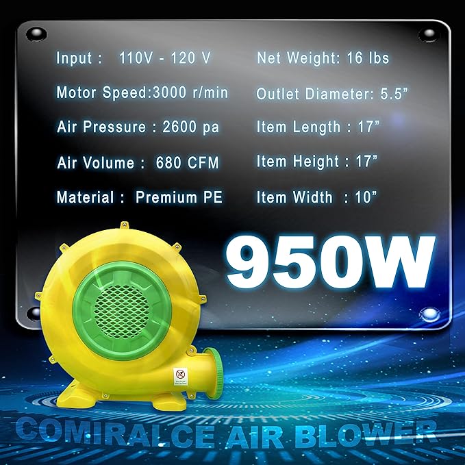 CoMiracle Air Blowers, 950 Watt 1.25 HP Inflatable Bounce House Air Blower, Outdoor Inflatable Castle and Jump Slides Blower