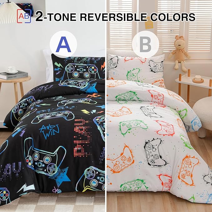 Meeting Story Gamer Gaming Bedding Sets Fluorescence Gamepad Comforter Set for Boys Games Console Action Buttons Novelty Colorful Modern Room Decor Home Quilt Set (Black, Full)