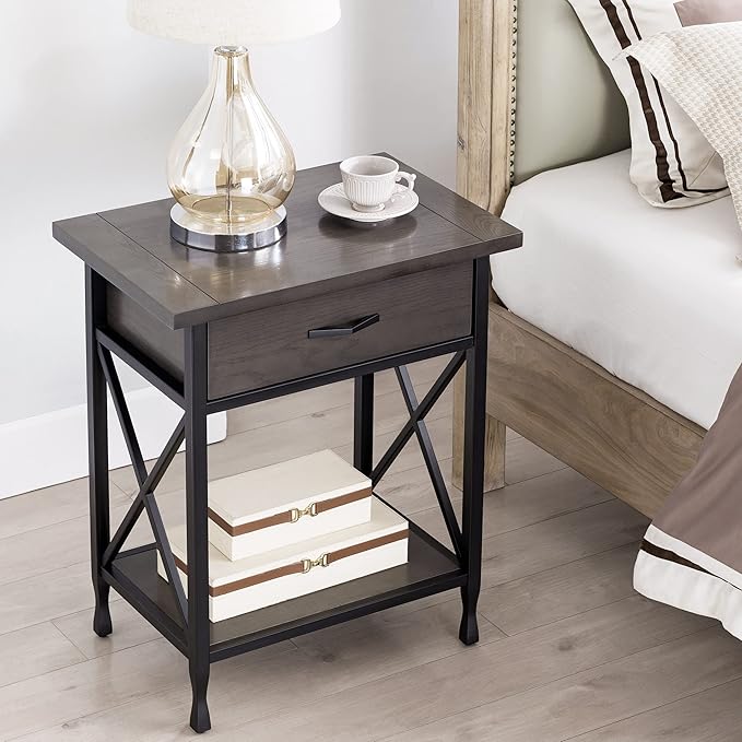 Leick Home 23022 Chisel & Forge One Drawer Nightstand with Shelf, Gray/Matte Black