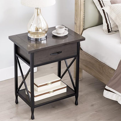 Leick Home 23022 Chisel & Forge One Drawer Nightstand with Shelf, Gray/Matte Black