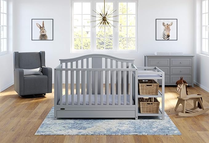 Graco Solano 4-in-1 Convertible Crib and Changer with Drawer (Pebble Gray) – Crib and Changing Table Combo with Drawer, Includes Changing Pad, Converts to Toddler Bed, Daybed and Full-Size Bed