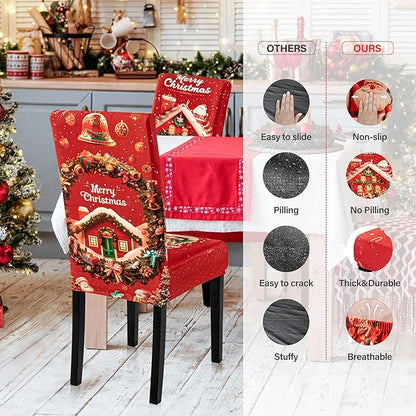 6PCS Christmas Dining Chair Covers Stretch Removable Washable Dining Room Chair Protector Slipcovers Santa Claus House Wreaths Kitchen Chair Cover Slipcover Protector for Xmas Holiday Party Home Décor