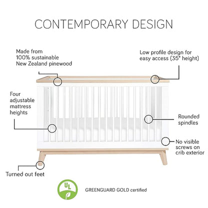 Babyletto Scoot 3-in-1 Convertible Crib with Toddler Bed Conversion Kit in White and Washed Natural, Greenguard Gold Certified