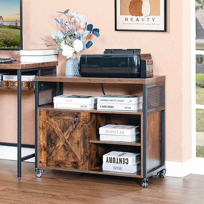 Door Locking Lateral File Cabinet with Charging Station, Rolling Printer Stand with Open Storage Shelf, Large Printer Stand with Storage fit A4/Letter Size for Home Office