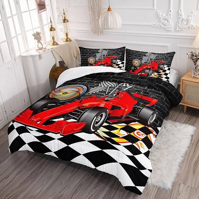 Axolotl Race Car Comforter Set Queen Size,Extreme Sports Bedding Set for Boys Teens Kids Girls Room Decor,Cool Speed Car Quilt Bed Set with 1 Comforter 2 Pillowcases Car Racing Gifts,Black Red