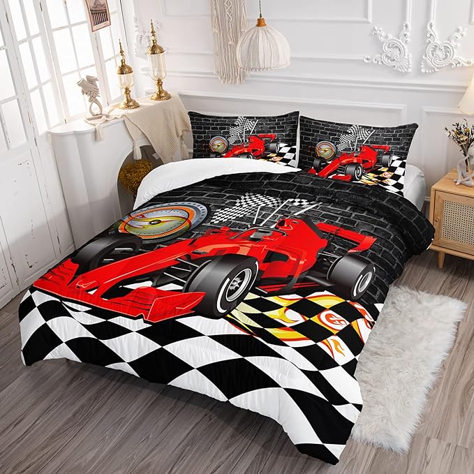 Axolotl Race Car Comforter Set Full Size,Extreme Sports Bedding Set for Boys Teens Kids Girls Room Decor,Cool Speed Car Quilt Bed Set with 1 Comforter 2 Pillowcases Car Racing Gifts,Black Red