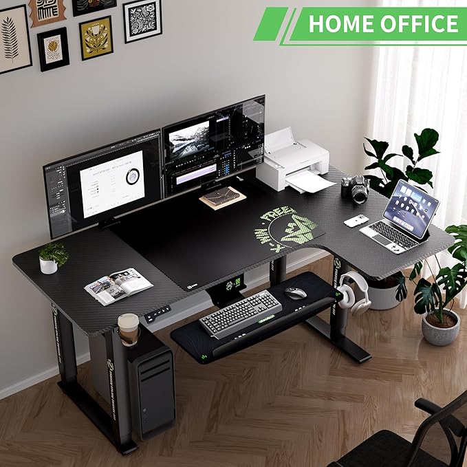 X-WIN 63 Inches L-Shaped Electric Standing Desk, Dual Motor Height Adjustable Stand Up Corner Desk, Sit to Stand Workstation with Locking Wheels, Carbon Fiber Top