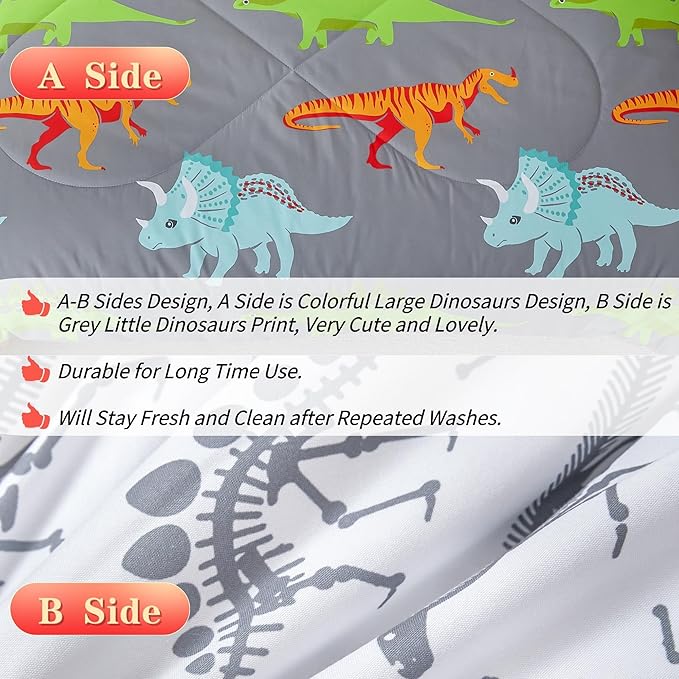 RYNGHIPY Dinosaur Kids Comforter Set Cartoon Dinosaur Bedding Sets for Boys 3 Pieces Twin Microfiber Comforter with Pillowcases Soft Lightweight (Dark Grey,Twin)
