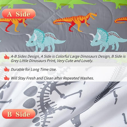 RYNGHIPY Dinosaur Kids Comforter Set Cartoon Dinosaur Bedding Sets for Boys 3 Pieces Twin Microfiber Comforter with Pillowcases Soft Lightweight (Dark Grey,Twin)
