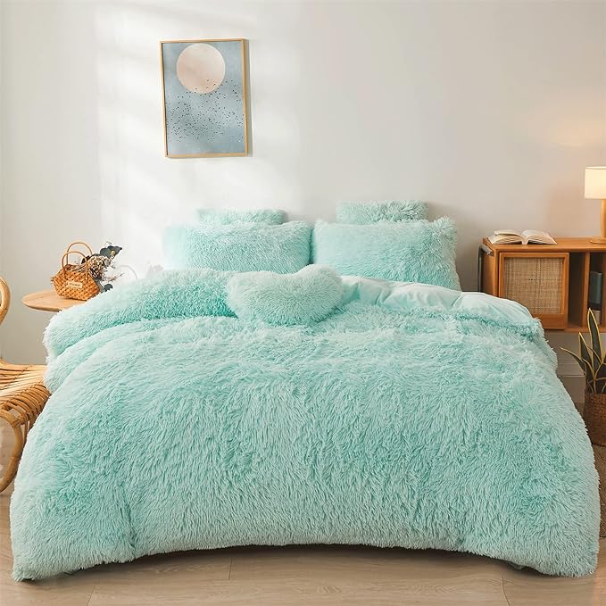 FOPPA Green fluffy Comforter Cover Set king- Ultra Soft fluffy green Bedding Sets 3 Pieces (1 Duvet Cover + 2 Pillow case) green fluffy bed set (Mint Green, King)