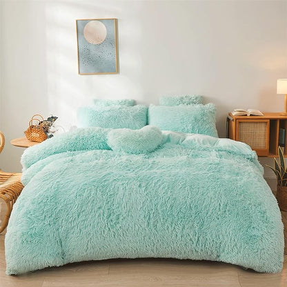 FOPPA Green fluffy Comforter Cover Set king- Ultra Soft fluffy green Bedding Sets 3 Pieces (1 Duvet Cover + 2 Pillow case) green fluffy bed set (Mint Green, King)