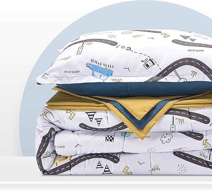SLEEP ZONE Kids Bedding Comforter Set Full/Queen Size - Super Cute & Soft Kids Bedding 7 Pieces Set with Comforter, Sheet, Pillowcase & Sham (Car Road)