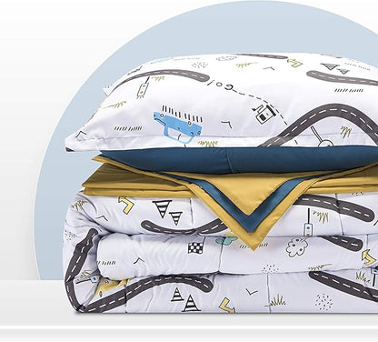 SLEEP ZONE Kids Bedding Comforter Set Full/Queen Size - Super Cute & Soft Kids Bedding 7 Pieces Set with Comforter, Sheet, Pillowcase & Sham (Car Road)