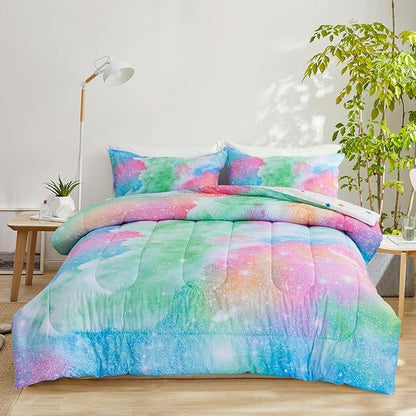A Nice Night Galaxy Bedding Sets Outer Space Comforter 3D Printed Space Quilt Set Queen Size Glitter Pink Green Color,for Children Boy Girl Teen Kids