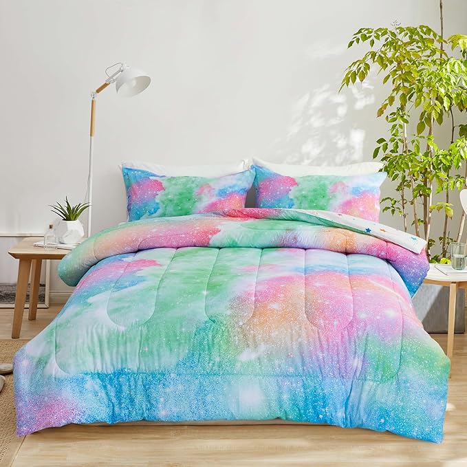 A Nice Night Galaxy Bedding Sets Outer Space Comforter 3D Printed Space Quilt Set Twin Size Glitter Pink Green Color,for Children Boy Girl Teen Kids