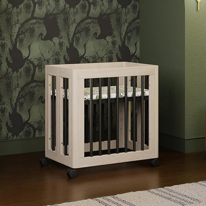 Babyletto Yuzu Convertible All-Stages Bassinet, Midi, Full-Size Crib in Washed Natural with Black, Greenguard Gold Certified, Portable & Adjustable with Conversion Kits and Pads Included