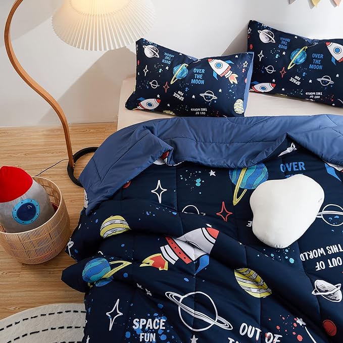 beeweed 5 Piece Kid Comforter Set Twin Size, Space Rocket Bedding Set for Teen Boys Girls