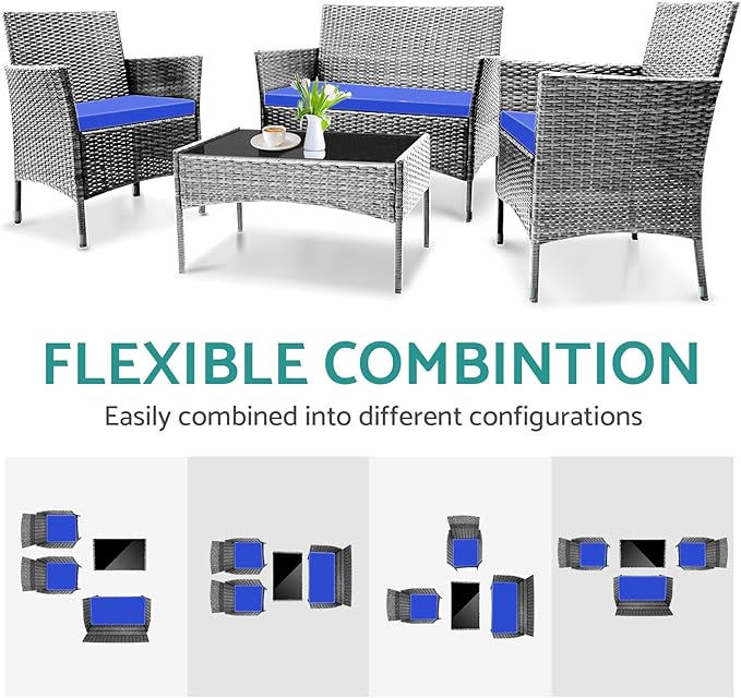Patio Furniture, 4 Piece Conversation Set, Outdoor Wicker Rattan Table and Chairs, Sectional Sofa with Thick Cushion for Garden, Yard, or Porch, Light Grey