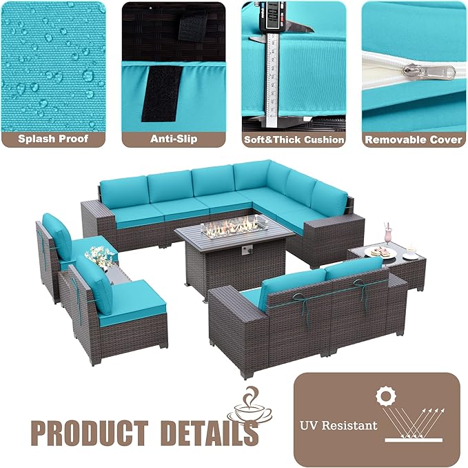 Patio Furniture Sectional Sofa Set 13-Pieces PE Rattan Patio Conversation Set w/43in Gas Fire Pit Table, Outdoor Furniture with 55000 BTU Propane Fire Pit, Blue