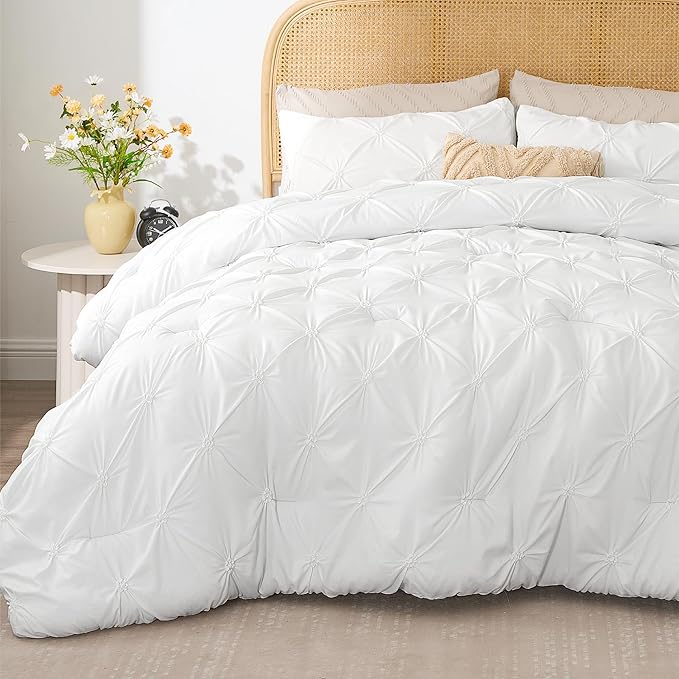 BEDELITE White King Size Comforter Set - 3 Pieces Boho Pintuck Bedding Comforter Sets, Lightweight Soft & Warm King Bedding Set with 2 Pillowcases for All Season