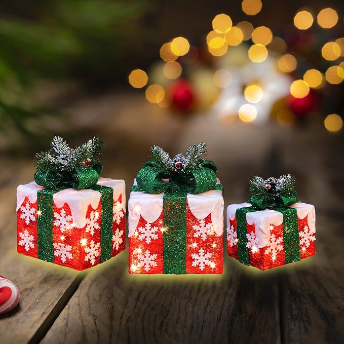 [Large 10"x8.5"x6.5" Christmas Set of 3 Lighted Gift Boxes Decorations Pre-lit 70 Super-Bright LED with Flashers,for Indoor Outdoor Christmas Tree Skirt Ornament Pathway Holiday Party Home