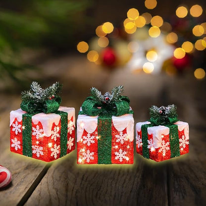 [Large 10"x8.5"x6.5" Christmas Set of 3 Lighted Gift Boxes Decorations Pre-lit 70 Super-Bright LED with Flashers,for Indoor Outdoor Christmas Tree Skirt Ornament Pathway Holiday Party Home